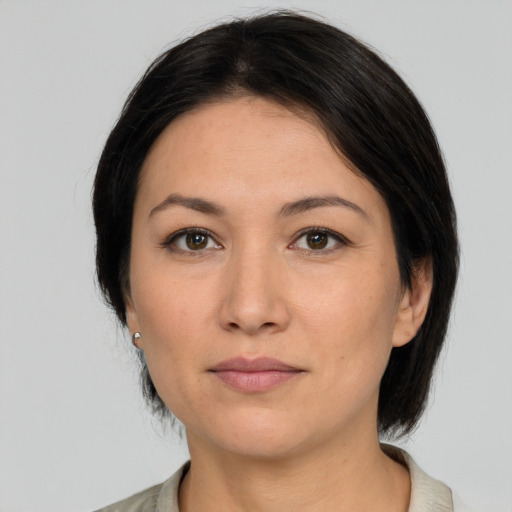 Neutral white adult female with medium  brown hair and brown eyes