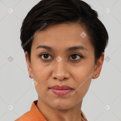 Joyful asian young-adult female with short  brown hair and brown eyes