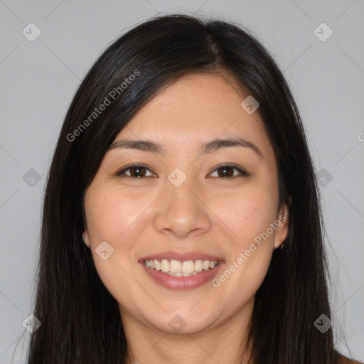 Joyful white young-adult female with long  brown hair and brown eyes