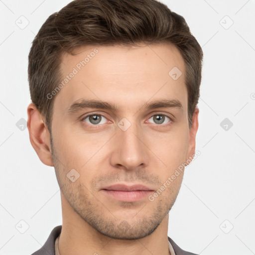 Neutral white young-adult male with short  brown hair and brown eyes