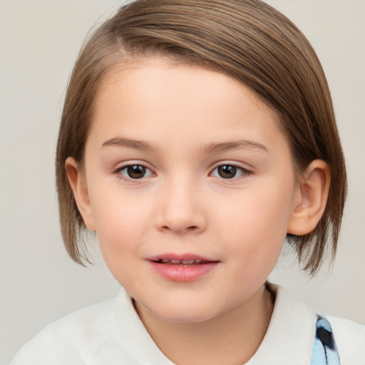 Joyful white child female with medium  brown hair and brown eyes