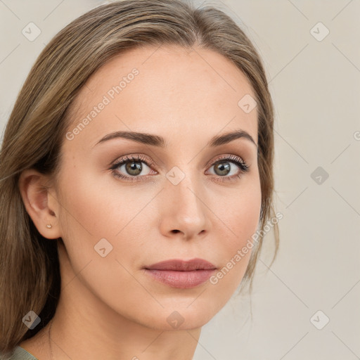 Neutral white young-adult female with medium  brown hair and brown eyes