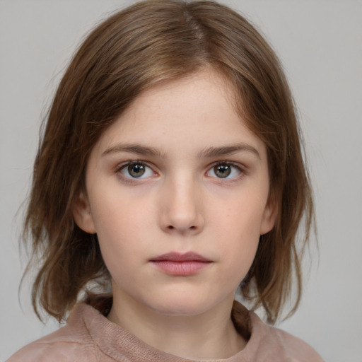 Neutral white young-adult female with medium  brown hair and grey eyes