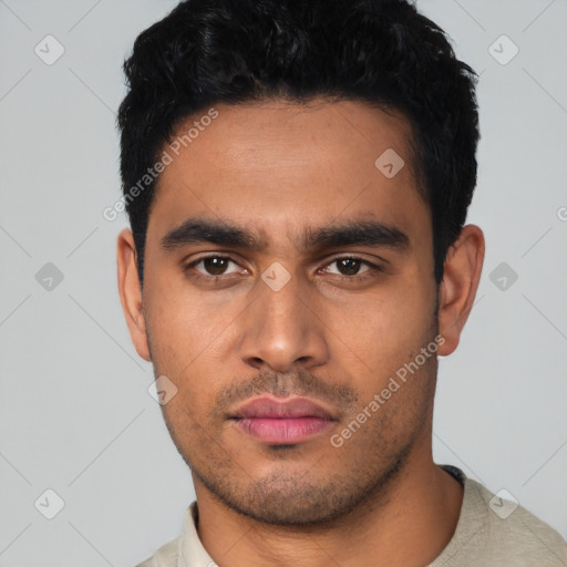 Neutral latino young-adult male with short  black hair and brown eyes