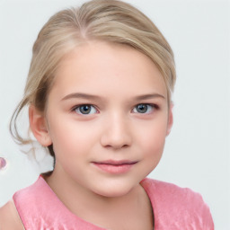 Joyful white child female with medium  brown hair and grey eyes