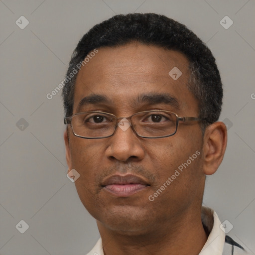 Neutral black adult male with short  black hair and brown eyes
