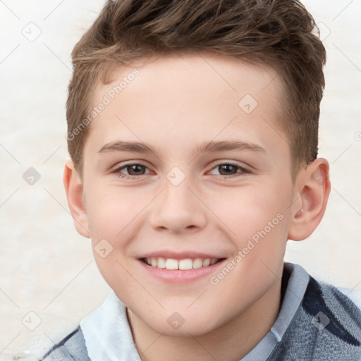 Joyful white child male with short  brown hair and brown eyes