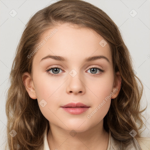 Neutral white child female with long  brown hair and brown eyes