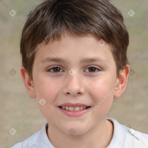 Joyful white child male with short  brown hair and brown eyes