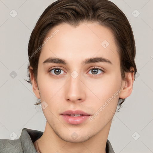 Neutral white young-adult male with short  brown hair and brown eyes