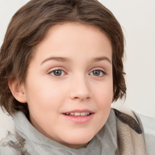 Joyful white child female with medium  brown hair and grey eyes