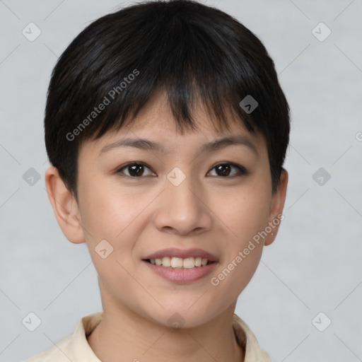 Joyful asian young-adult female with short  brown hair and brown eyes