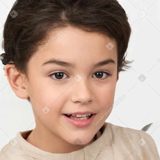 Joyful white child female with short  brown hair and brown eyes