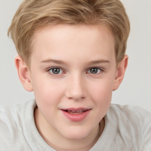 Joyful white child female with short  brown hair and brown eyes