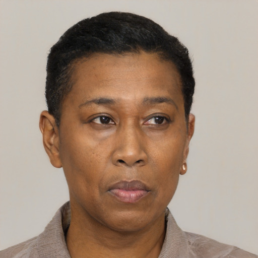 Neutral black adult female with short  black hair and brown eyes