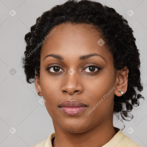 Neutral black young-adult female with short  black hair and brown eyes