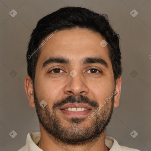 Joyful latino young-adult male with short  black hair and brown eyes