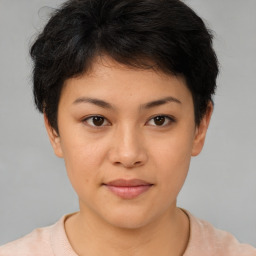 Neutral asian young-adult female with short  brown hair and brown eyes