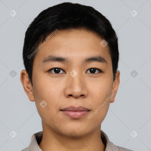 Neutral asian young-adult male with short  black hair and brown eyes