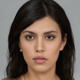 Neutral asian young-adult female with long  brown hair and brown eyes