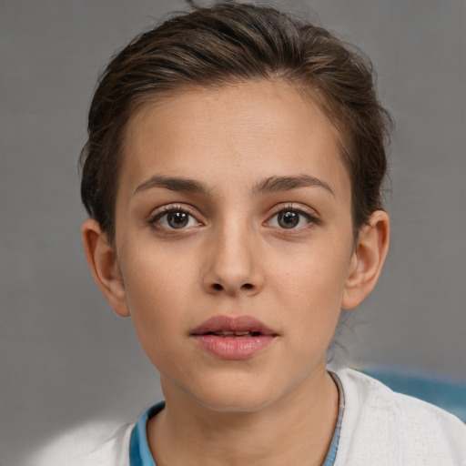 Neutral white young-adult female with short  brown hair and brown eyes