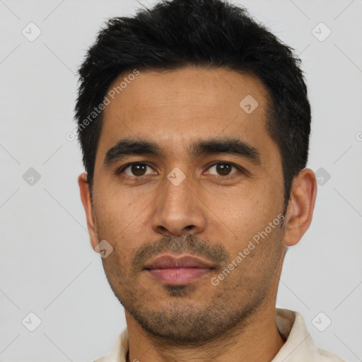 Neutral asian young-adult male with short  black hair and brown eyes