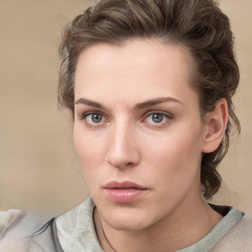 Neutral white young-adult female with medium  brown hair and grey eyes