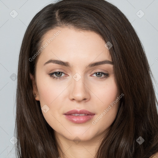 Neutral white young-adult female with long  brown hair and brown eyes