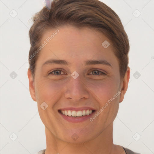 Joyful white young-adult female with short  brown hair and brown eyes