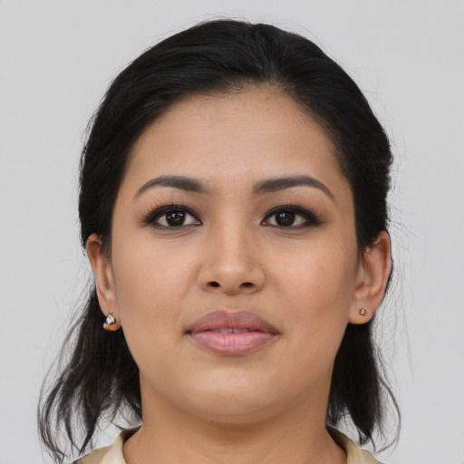 Neutral asian young-adult female with medium  black hair and brown eyes