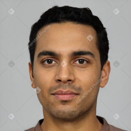 Neutral latino young-adult male with short  black hair and brown eyes