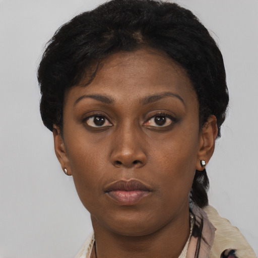 Neutral latino young-adult female with short  black hair and brown eyes