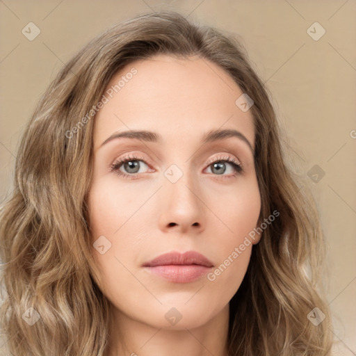 Neutral white young-adult female with long  brown hair and brown eyes