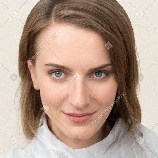 Joyful white young-adult female with medium  brown hair and blue eyes