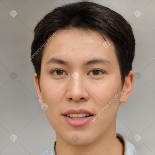 Joyful asian young-adult female with short  brown hair and brown eyes