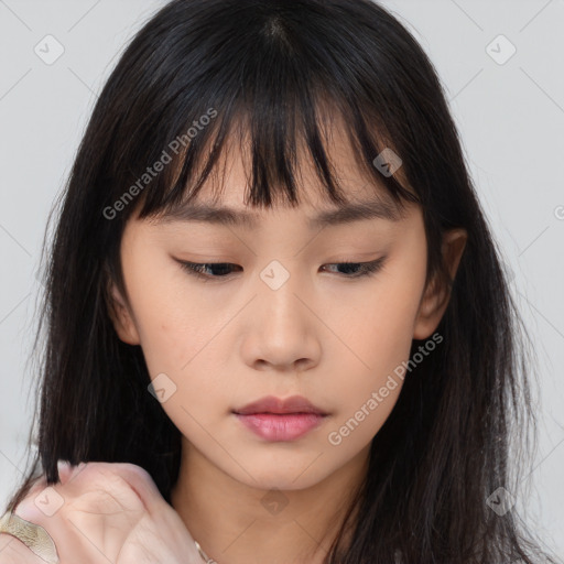 Neutral asian young-adult female with long  brown hair and brown eyes