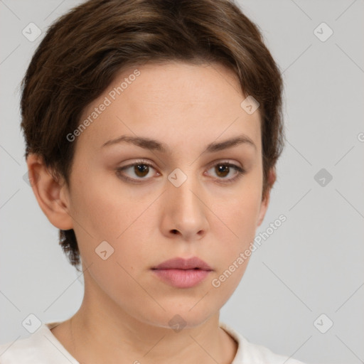 Neutral white young-adult female with short  brown hair and brown eyes