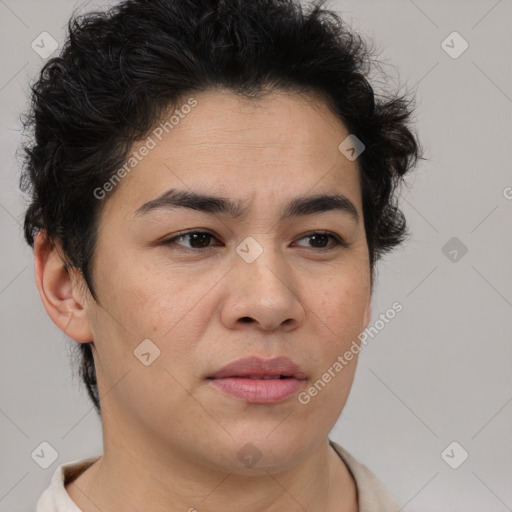 Neutral latino young-adult female with short  brown hair and brown eyes