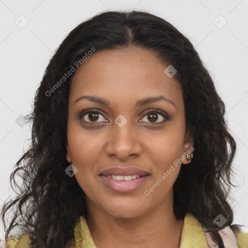 Joyful black young-adult female with long  brown hair and brown eyes