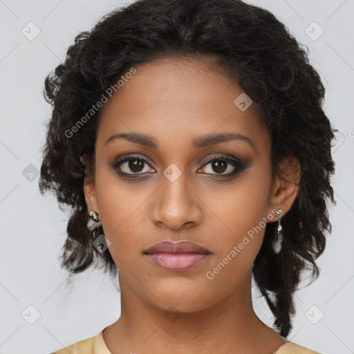 Joyful black young-adult female with medium  brown hair and brown eyes