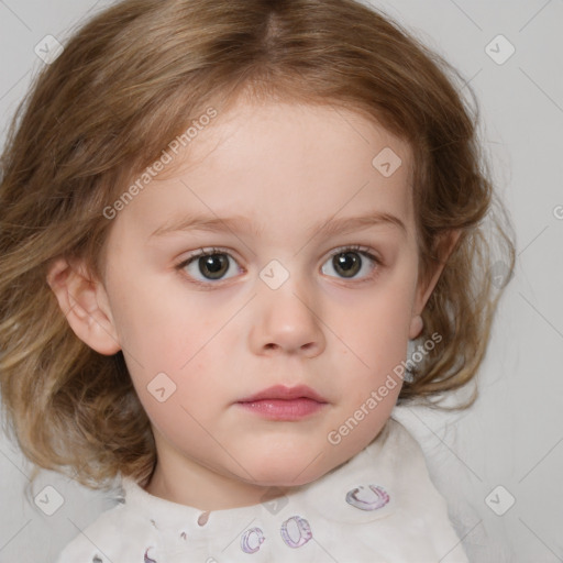 Neutral white child female with medium  brown hair and blue eyes