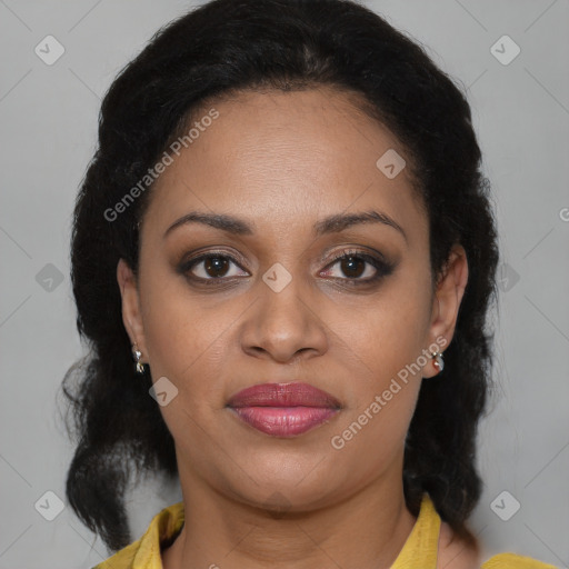 Joyful black young-adult female with medium  brown hair and brown eyes