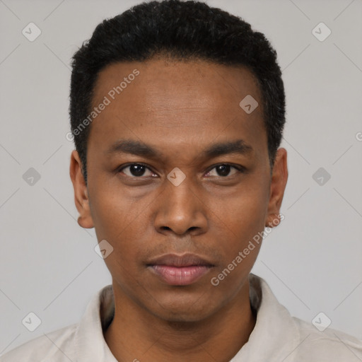 Neutral black young-adult male with short  black hair and brown eyes