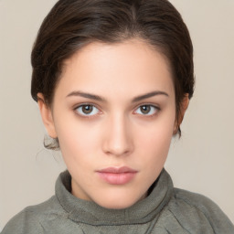 Neutral white young-adult female with short  brown hair and brown eyes