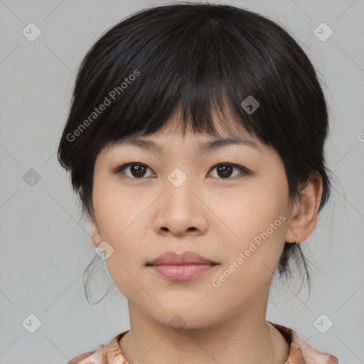 Neutral asian young-adult female with medium  brown hair and brown eyes