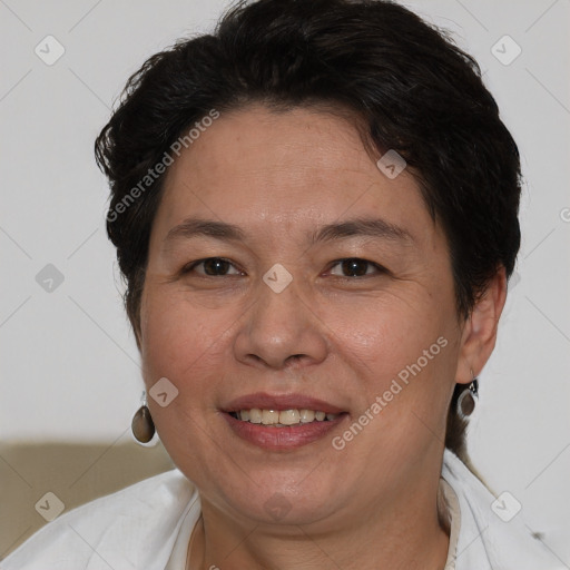 Joyful white adult female with short  brown hair and brown eyes