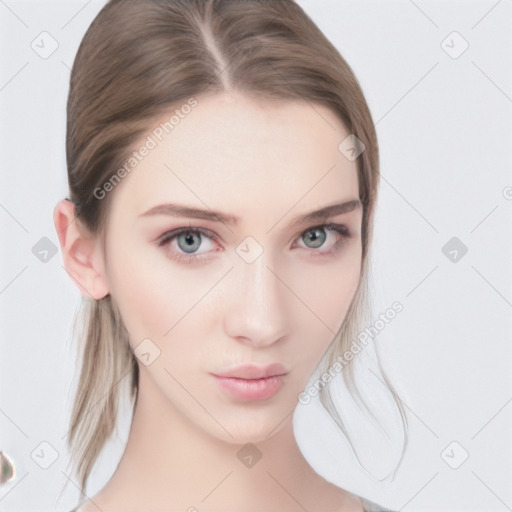 Neutral white young-adult female with medium  brown hair and blue eyes