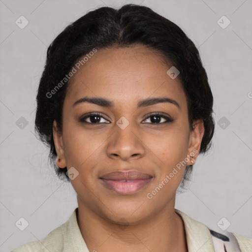 Joyful black young-adult female with medium  black hair and brown eyes