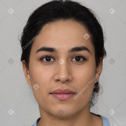 Neutral latino young-adult female with short  black hair and brown eyes