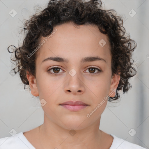 Neutral white young-adult female with short  brown hair and brown eyes